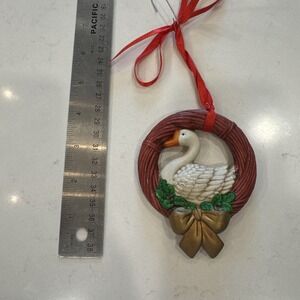 Vintage Goose In Red Wreath Ceramic‎ Christmas Ornament